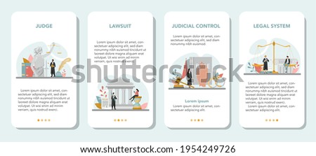 Judge mobile application banner set. Court worker stand for justice Foto d'archivio © 