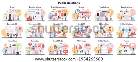 Big public relations set. PR technologies collection. Brand advertising strategy,