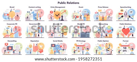 Big public relations. PR technologies collection. Brand advertising strategy,