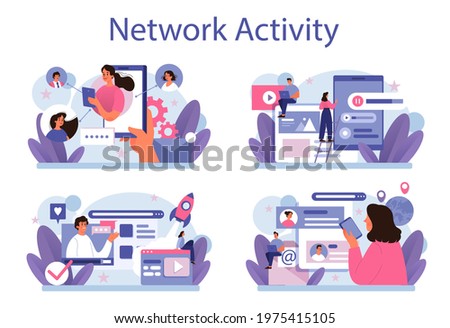 Network activity set. Customer attention and business communication monitoring and optimization. Using network for posting and sharing content, global comunication idea. Vector flat illustration