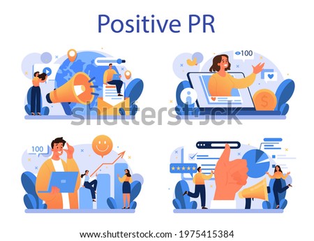Positive public relations concept set. Successful brand advertising, building relationships with customer. Maintenance of the brand reputation. Flat vector illustration
