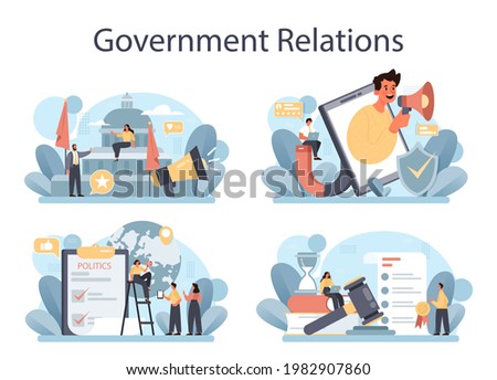 Government PR set. Political party or political institutions public administration and promotion. Positive relationship with electorate building. Flat vector illustration