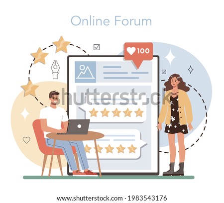 Professional critic online service or platform. Journalist making review and ranking food or art. Opinion of creative works. Online forum. Flat vector illustration