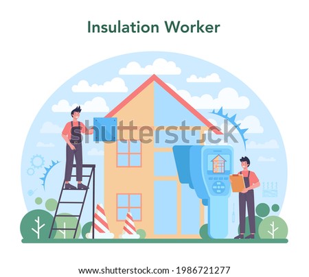 Insulation concept. Thermal or acoustic insulation. Worker putting insulation materials. Construction service, house renovation. Isolated flat vector illustration