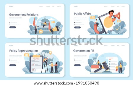 Government PR web banner or landing page set. Political party or political institutions public administration and promotion. Positive relationship with electorate building. Flat vector illustration