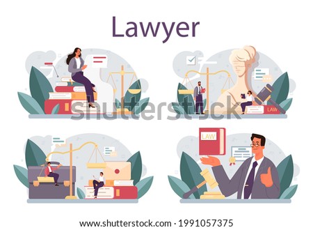 Lawyer concept set. Law advisor or consultant, advocate defending a customer at the trial. Punishment and judgement idea. Settling document creation. Vector flat illustration