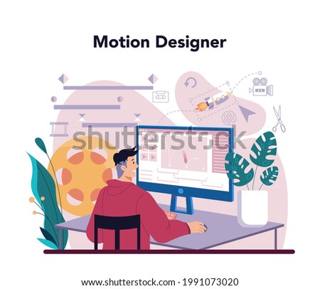 Motion or video designer. Artist create computer animation for multimedia project. Digital technology for website and advertising. Animation editor, cartoon production. Vector illustration