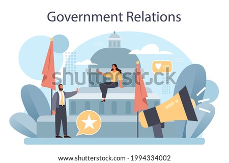 Government PR. Political party or political institutions public administration and promotion. Positive relationship with electorate building. Flat vector illustration