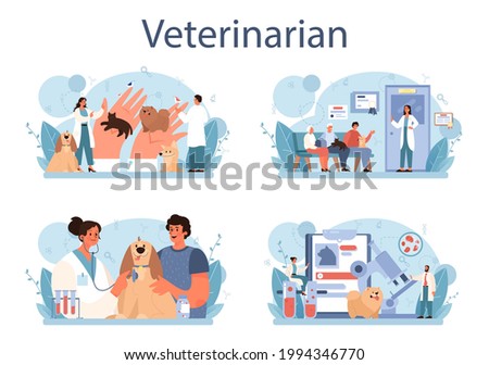 Pet veterinarian concept set. Veterinary doctor checking and treating animal. Idea of pet care, animal medical vaccination, diagnosis. Vector flat illustration
