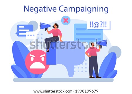 Negative campaigning. Brand negative reputation. Bad customer review. Elimination of competitors, black PR. Isolated flat vector illustration