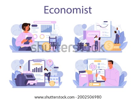 Economist concept set. Professional scientist studying economics and money. Idea of economic control and budgeting. Business capital. Vector illustration in cartoon style