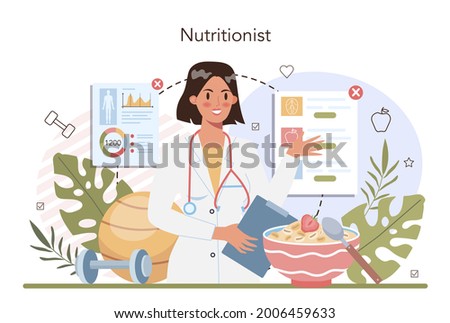 Nutritionist concept. Nutrition therapy with healthy food and physical activity. Weight loss program and diet plan. Vector illustration in cartoon style