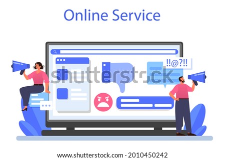 Negative campaigning online service or platform. Brand negative reputation. Bad customer review. Elimination of competitors, black PR. Flat vector illustration