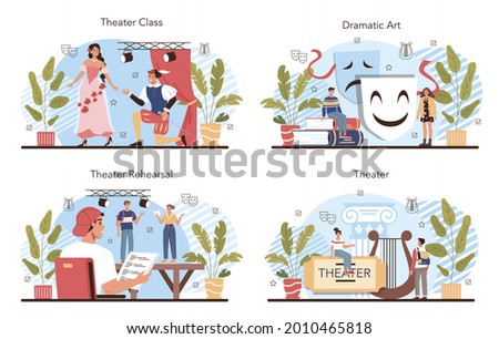 Drama school class or club set. Students playing roles in a school play. Young actors performing on stage, dramatic and cinematography art. Vector illustration in cartoon style