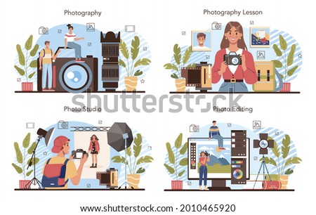 Photography school club or course set. Students lerning to take photos, light setting and photo editing. Artistic hobby and photography school course. Isolated flat vector illustration