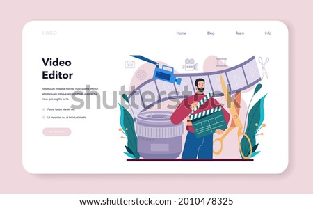 Motion or video designer web banner or landing page. Artist create computer animation for multimedia project. Animation editor, cartoon production. Vector illustration