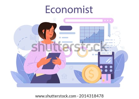 Economist concept. Professional scientist studying economics and money. Idea of economic control and budgeting. Business capital. Vector illustration in cartoon style