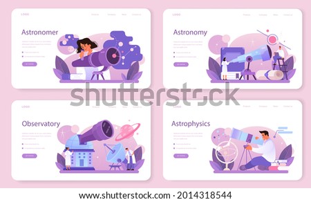 Astronomer web banner or landing page set. Professional scientist looking through a telescope at the stars in observatory. Astronomy research. Astrophysicist study stars map.Flat vector illustration