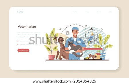 Pet veterinarian web banner or landing page. Veterinary doctor checking and treating animal. Idea of pet care. Animal medical treatment and vaccination. Vector flat illustration