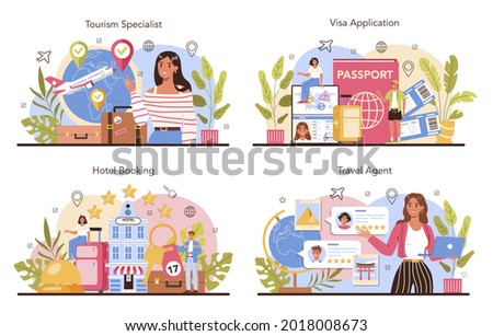 Tourism specialist concept set. Travel agent selling tour, cruise, airway or railway tickets. Vacation organization agency, hotel booking and visa application. Flat vector illustration