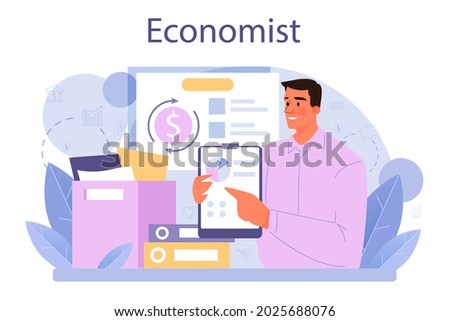 Economist concept. Professional scientist studying economics and money. Idea of economic control and budgeting. Business capital. Vector illustration in cartoon style