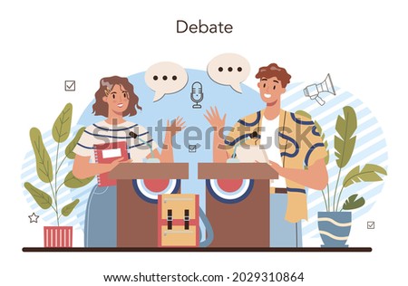 Rhetoric school class. Students training debates speech. Debaiting at school. Voice projection and speech improvement techniques. School radio club. Isolated flat vector illustration