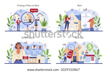 Real estate agency service set. Qualified realtor or broker help customer to rent or rent out a house. Property leasing, tenant searching. Isolated vector illustration in cartoon style