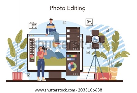 Photography school club or course. Students lerning to take photos, light setting and photo editing. Artistic hobby and photography school course. Isolated flat vector illustration