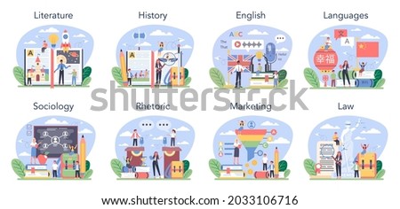 Social school subject or educational class set. Student studying social science. Modern school education system. History, literature, foreign languages, sociology. Isolated flat vector illustration