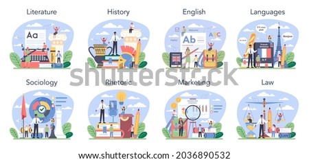 Social school subject or educational class set. Student studying social science. Modern school education system. History, literature, foreign languages, sociology. Isolated flat vector illustration