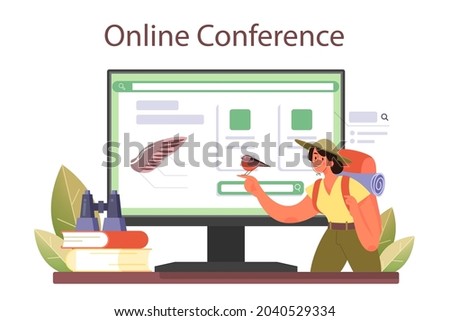 Ornithologist online service or platform. Zoologist research studying birds, naturalist working with bird. Online conference. Flat vector illustration