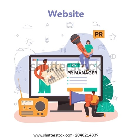 Public relations manager online service or platform. Specialist building and developing relationships with customer. Website. Flat vector illustration