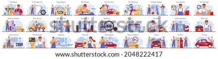 Car service set. Automobile got fixed in garage. Mechanic in uniform check a vehicle and repair it. Professional auto diagnostic. Flat vector illustration.