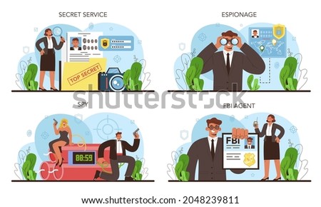 Spy set. Secret agent or fbi investigating crime. Protection of espionage, cyberattack and terrorist. Special secret service. Flat vector illustration