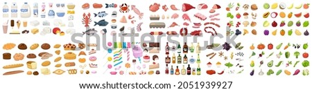 Big food set. Collection of various meal, fish and meat, vegetables and bread. Healthy fresh nutrition. Ingredients for cooking. Vector illustration in cartoon style