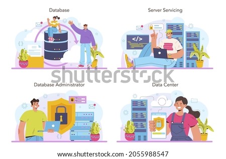 Data base administrator concept set. Manager working at data center. Data protection, backup and restore. Modern computer technology, IT profession. Flat vector illustration