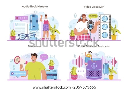Voiceover concept set. Voice actor dubbing a movie or series. Audio book narrating and radio announcer. Character talking through the microphone at the studio. Flat vector illustration