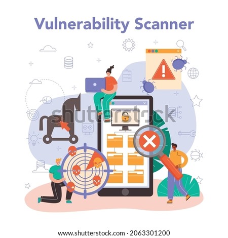 Cyber or web security online service or platform. Digital data protection and database safety. Pentesting and cyberattack prevention. Online vulnerability scanner. Flat vector illustration