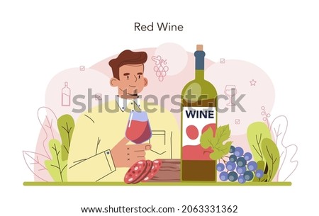 Wine concept. Grape wine in a bottle and glass full of alcohol drink. Red wine with appetizer. Cheese, sausage, fish and strawberry. Flat vector illustration