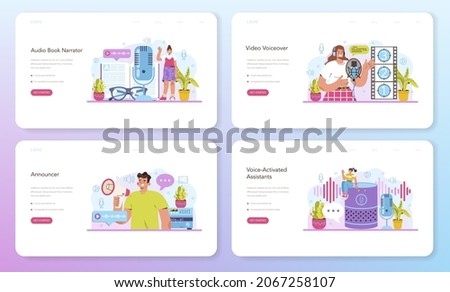 Voiceover web banner or landing page set. Voice actor dubbing a movie or series. Audio book narrating and radio announcer. Character talking through the microphone at studio. Flat vector illustration