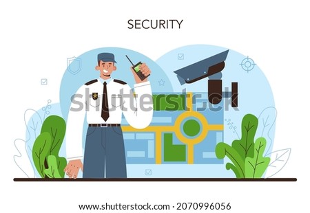 Bodyguard. Surveillance and ptrotection of a customer or an object. Security guard in uniform guiding a client for a safety. Guard department monitoring a cctv. Vector flat illustration