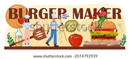 Burger maker typographic header. Fast food, burger house. Chef cook tasty hamburger with cheese, tomato and grilled beef and bun. Fast food restaurant, american street snack. Flat vector illustration