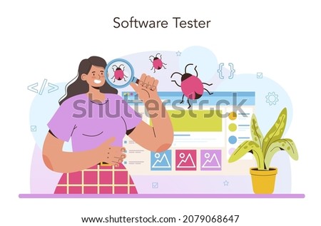 Software tester concept. Application or website code testing. Software development and debugging. IT specialist searching for bugs. Idea of computer technology. Isolated flat vector illustration ストックフォト © 