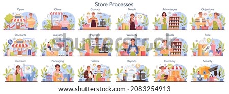 Commercial activities and processes set. Entrepreneur opening a store, setting a price and selling goods. Concept of owning a shop, retail and commercial property. Flat vector illustration