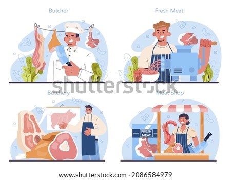 Butcher or meatman concept set. Fresh meat and semi-finished products. Animal product market, slaughterhouse meat shop worker. Isolated vector illustration