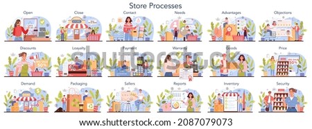 Commercial activities and processes set. Entrepreneur opening a store, setting a price and selling goods. Concept of owning a shop, retail and commercial property. Flat vector illustration