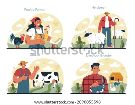 Shepherd with a domestic animals set. Herdsman taking care of sheeps, cows, chickens and rabbits. Cattle breeder farm. Flat vector illustration