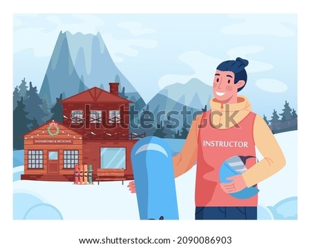 Male ski resort instructor holding a snowboard. Snowboarding instructor with a resort village and snowy hills on a background. Ski and snowboarding school. Flat vector illustration