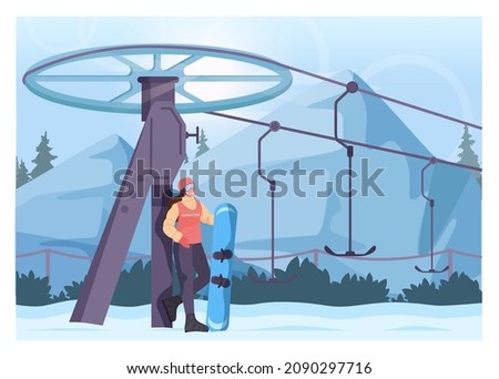 Female ski resort instructor holding a snowboard. Snowboarding instructor with a surface lift and snowy hills on a background. Winter extreme sport activities. Flat vector illustration