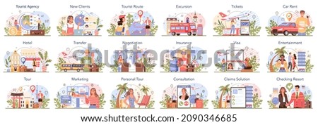 Tour agent concept set. Tourism around the world organization. Travel agent selling tour, cruise, airway or railway tickets. Vacation organization agency, hotel booking. Isolated vector illustration
